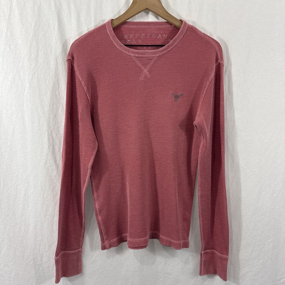 American Eagle Vintage Fit Pink Waffleknit Long Sleeve Shirt Mens Sz M Camping